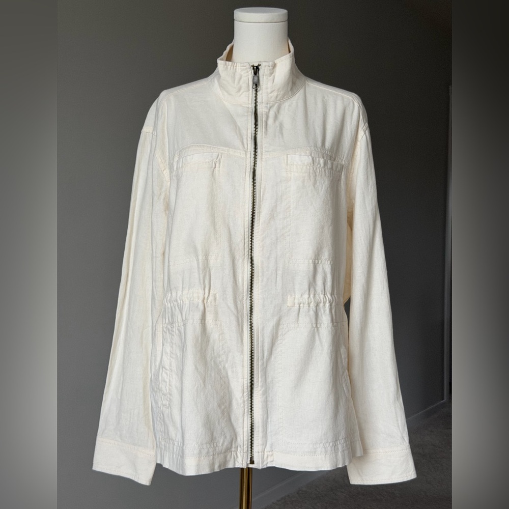 Old Navy Linen Blend Ivory Zip Front Cargo Safari Lightweight Jacket - L
